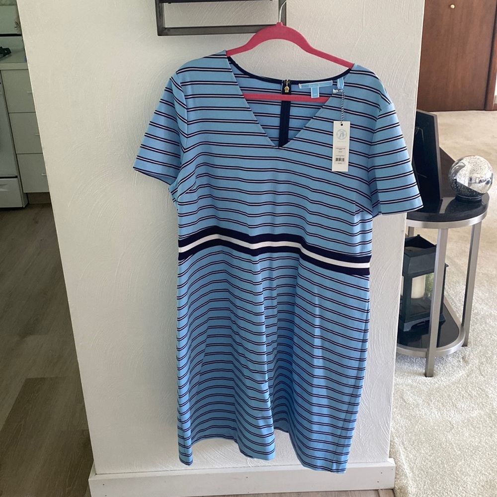 Draper James Blue and Navy Striped V-Neck Dress